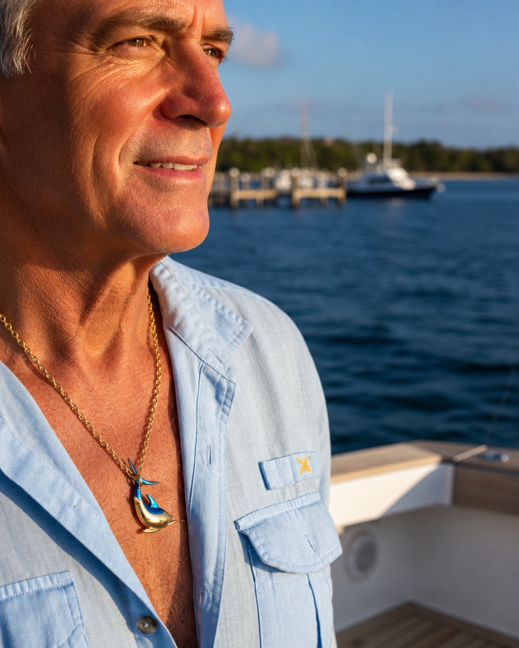 Gold-plated blue marlin pendant necklace, handmade 950 silver jewelry from Costa Rica — sport fishing gift for men