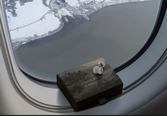 Sloth charm gift box resting on an airplane window, Costa Rica landscape below