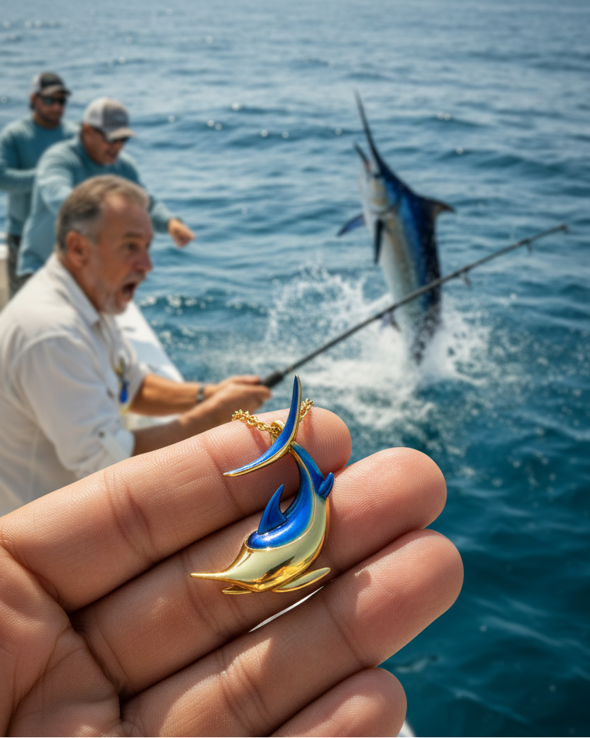 Gold-plated blue marlin pendant necklace, handmade 950 silver jewelry from Costa Rica — sport fishing gift for men