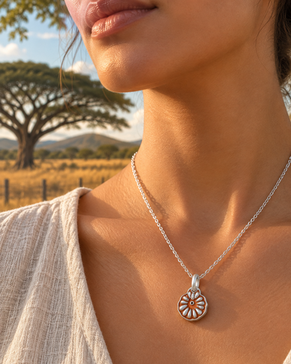 Guanacaste seed pendant necklace in 950 sterling silver, worn close-up with a guanacaste tree and savanna in the background
