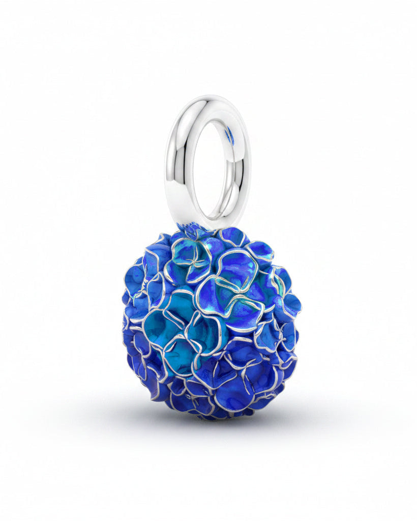 Hydrangea flower charm in 950 sterling silver, handcrafted Costa Rican jewelry, product photo on white background