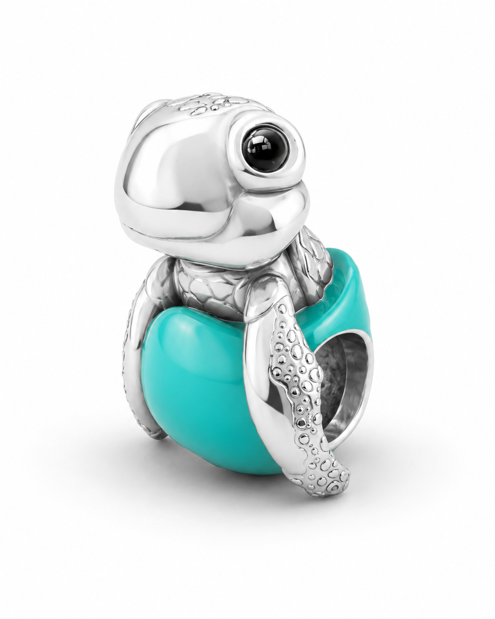Baby sea turtle charm in polished 950 sterling silver with glossy black enamel eyes, on a glossy Tiffany-blue enamel egg bead — handcrafted jewelry by Priscilla Sayegh